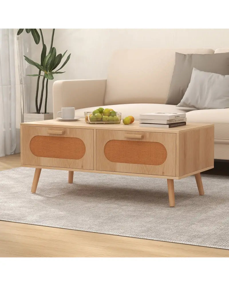 Rattan Coffee Table Mid Century Modern Center Table with 2 Storage Drawers-Natural - Natural - Coffee Tables