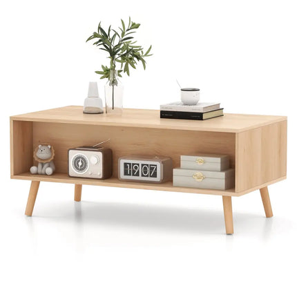 Rattan Coffee Table Mid Century Modern Center Table with 2 Storage Drawers-Natural - Natural - Coffee Tables