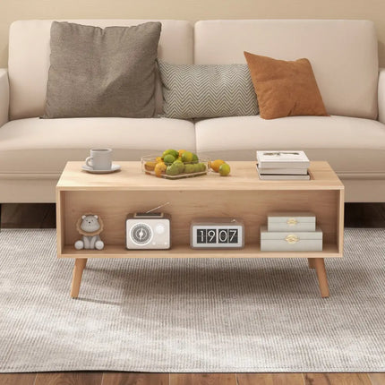 Rattan Coffee Table Mid Century Modern Center Table with 2 Storage Drawers-Natural - Natural - Coffee Tables