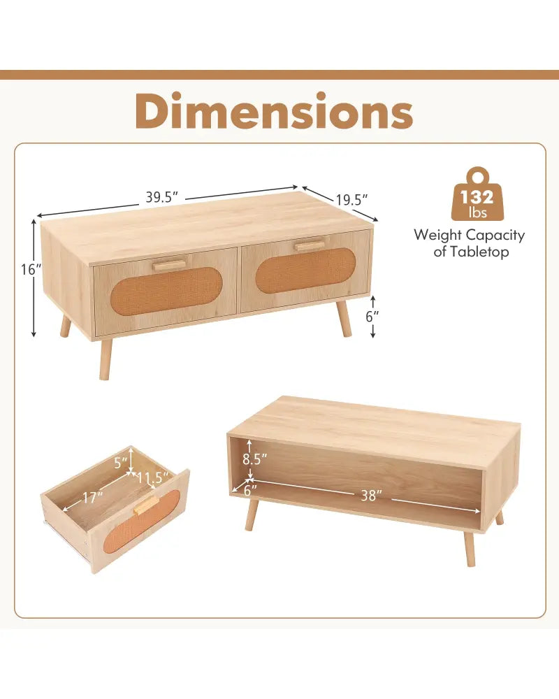 Rattan Coffee Table Mid Century Modern Center Table with 2 Storage Drawers-Natural - Natural - Coffee Tables