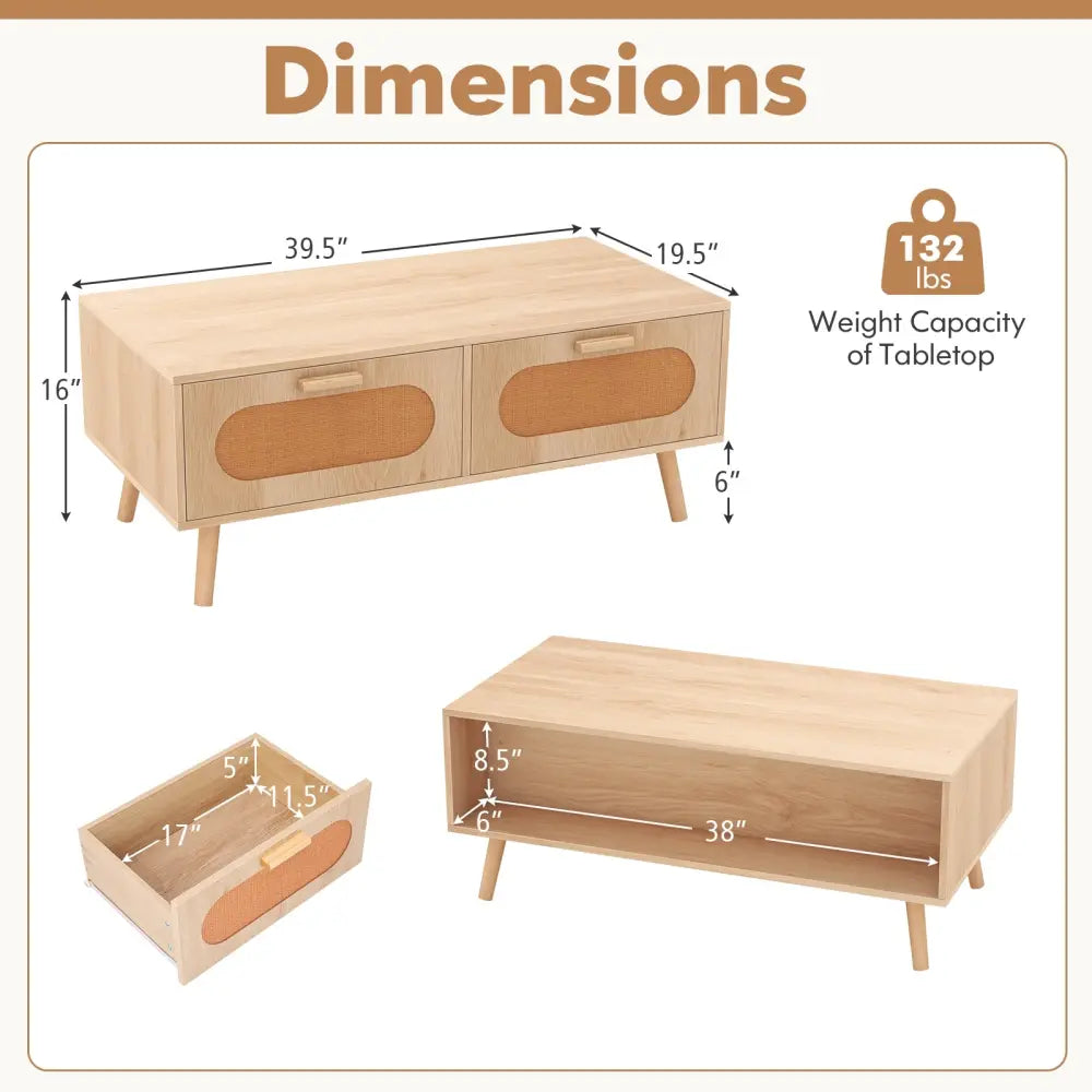 Rattan Coffee Table Mid Century Modern Center Table with 2 Storage Drawers-Natural - Natural - Coffee Tables