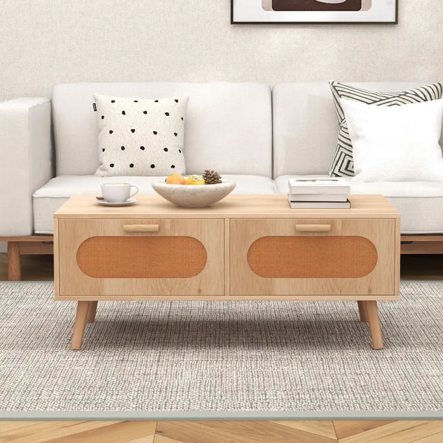 Rattan Coffee Table Mid Century Modern Center Table with 2 Storage Drawers-Natural - Natural - Coffee Tables