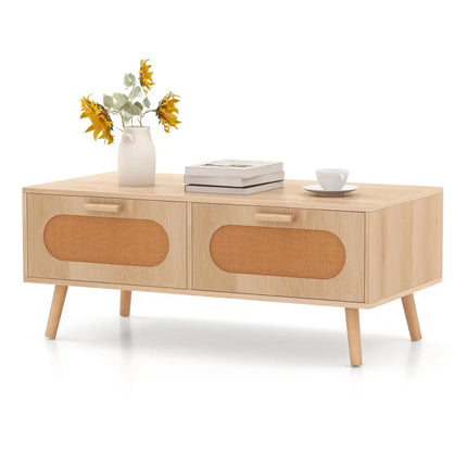 Rattan Coffee Table Mid Century Modern Center Table with 2 Storage Drawers-Natural - Natural - Coffee Tables