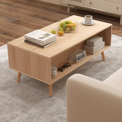 Rattan Coffee Table Mid Century Modern Center Table with 2 Storage Drawers-Natural - Natural - Coffee Tables