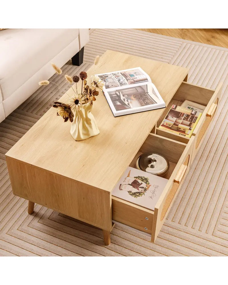 Rattan Coffee Table Mid Century Modern Center Table with 2 Storage Drawers-Natural - Natural - Coffee Tables