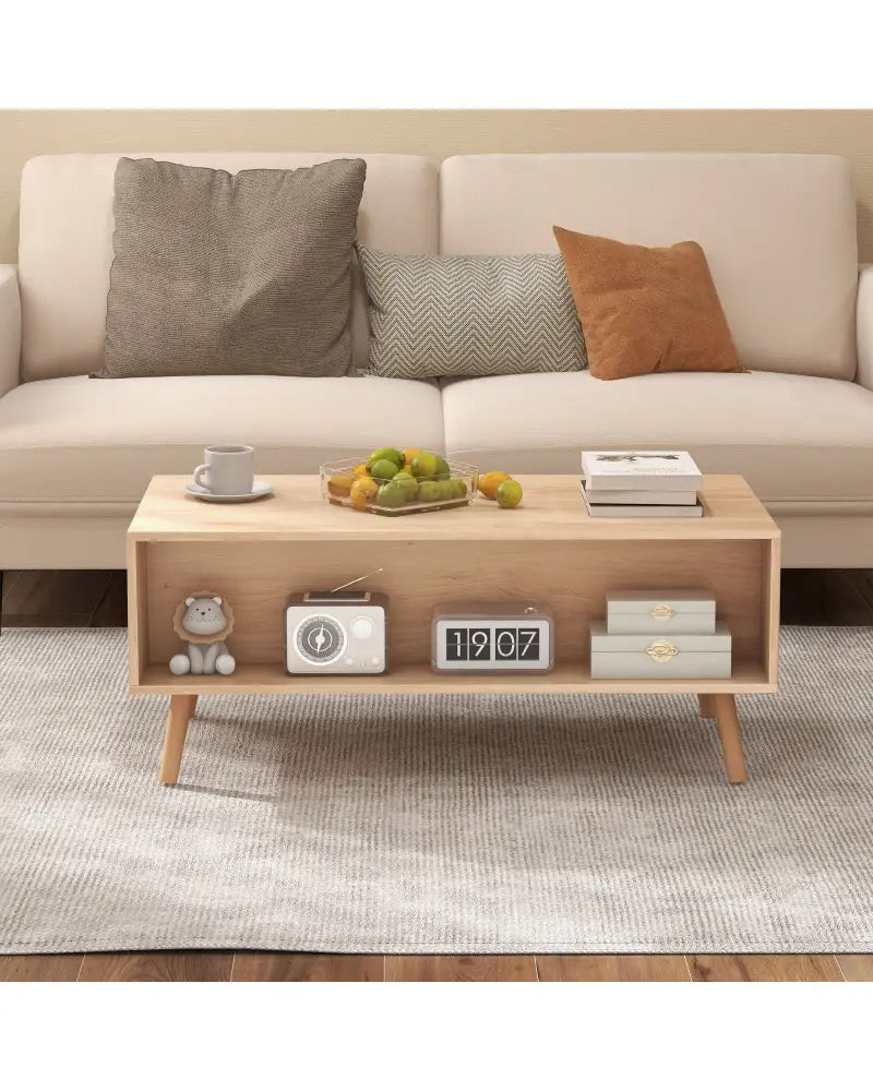 Rattan Coffee Table Mid Century Modern Center Table with 2 Storage Drawers-Natural - Natural - Coffee Tables