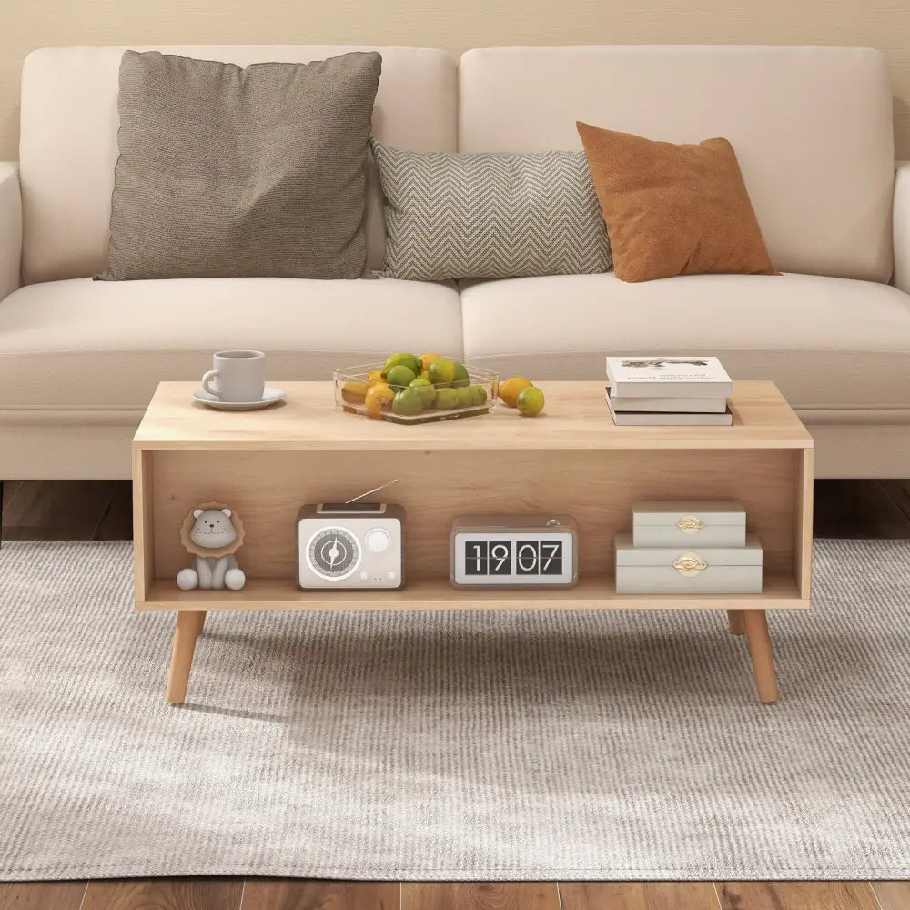 Rattan Coffee Table Mid Century Modern Center Table with 2 Storage Drawers-Natural - Natural - Coffee Tables