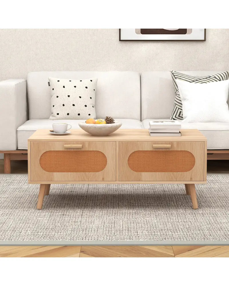 Rattan Coffee Table Mid Century Modern Center Table with 2 Storage Drawers-Natural - Natural - Coffee Tables