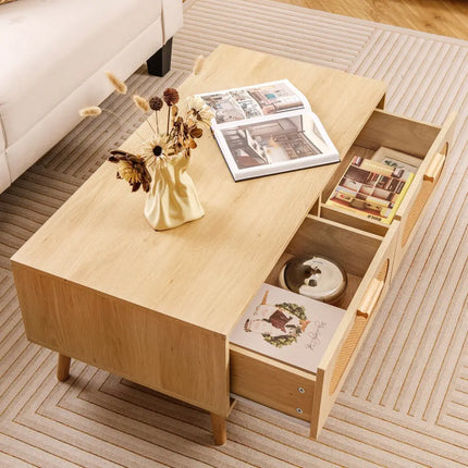 Rattan Coffee Table Mid Century Modern Center Table with 2 Storage Drawers-Natural - Natural - Coffee Tables