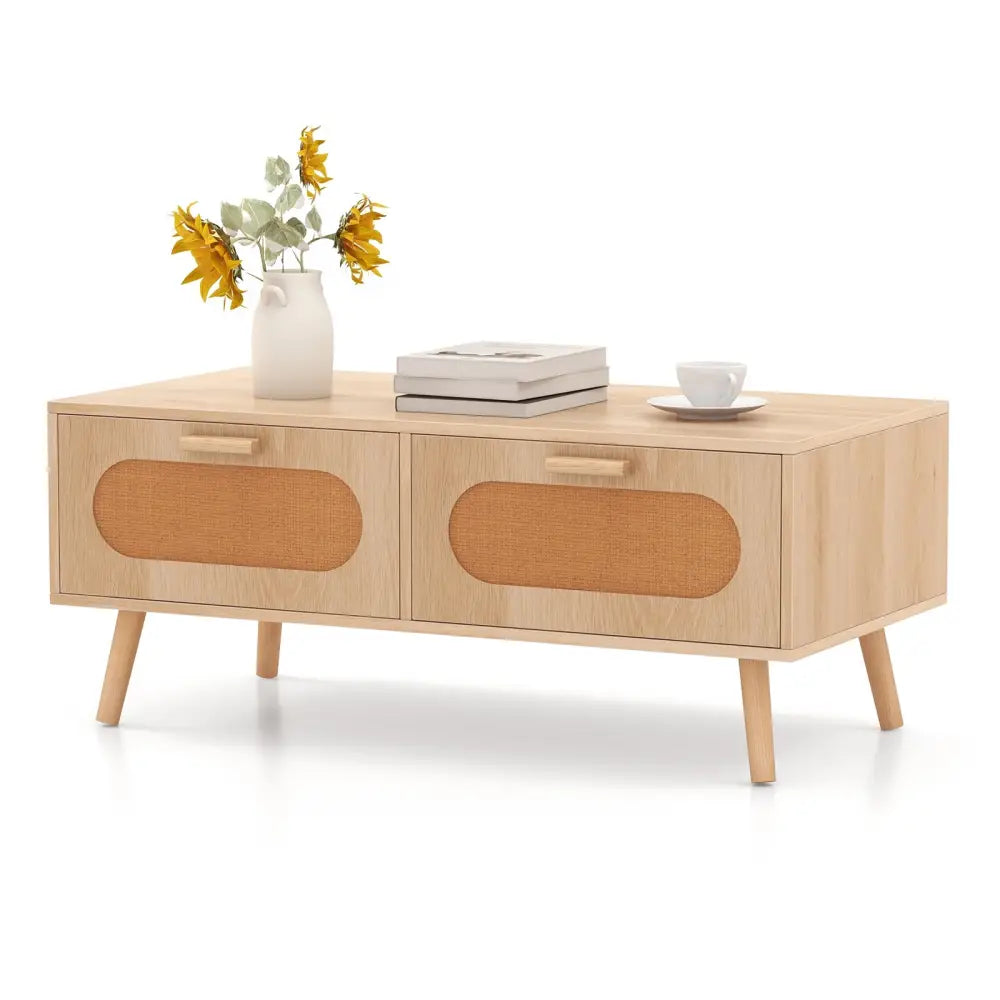 Rattan Coffee Table Mid Century Modern Center Table with 2 Storage Drawers-Natural - Natural - Coffee Tables