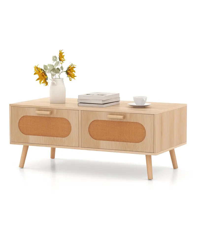 Rattan Coffee Table Mid Century Modern Center Table with 2 Storage Drawers-Natural - Natural - Coffee Tables