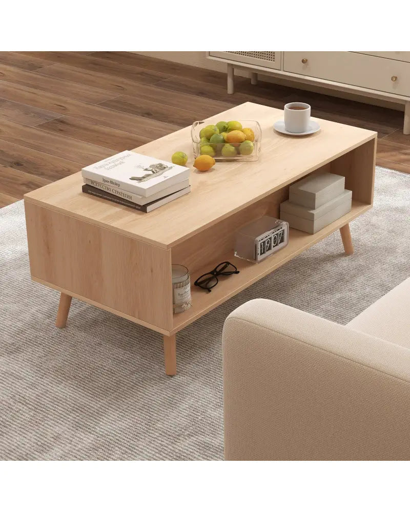 Rattan Coffee Table Mid Century Modern Center Table with 2 Storage Drawers-Natural - Natural - Coffee Tables