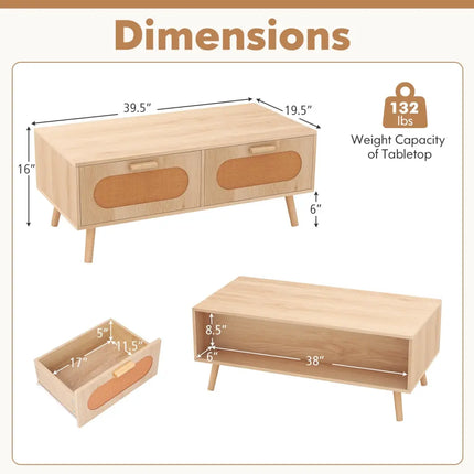 Rattan Coffee Table Mid Century Modern Center Table with 2 Storage Drawers-Natural - Natural - Coffee Tables