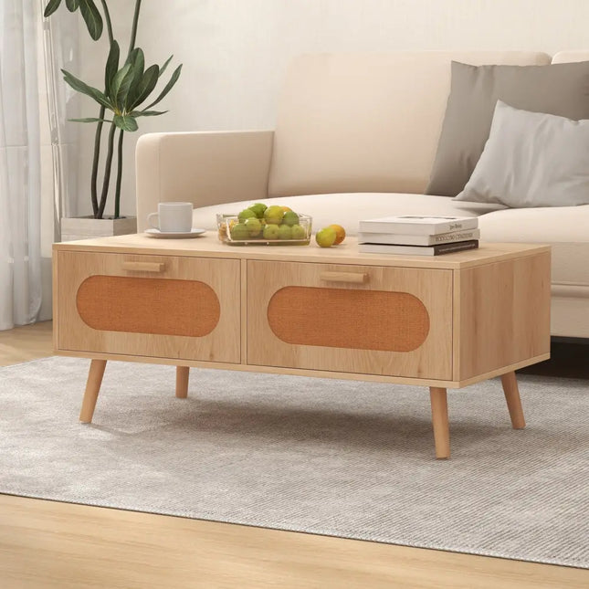 Rattan Coffee Table Mid Century Modern Center Table with 2 Storage Drawers-Natural - Natural - Coffee Tables