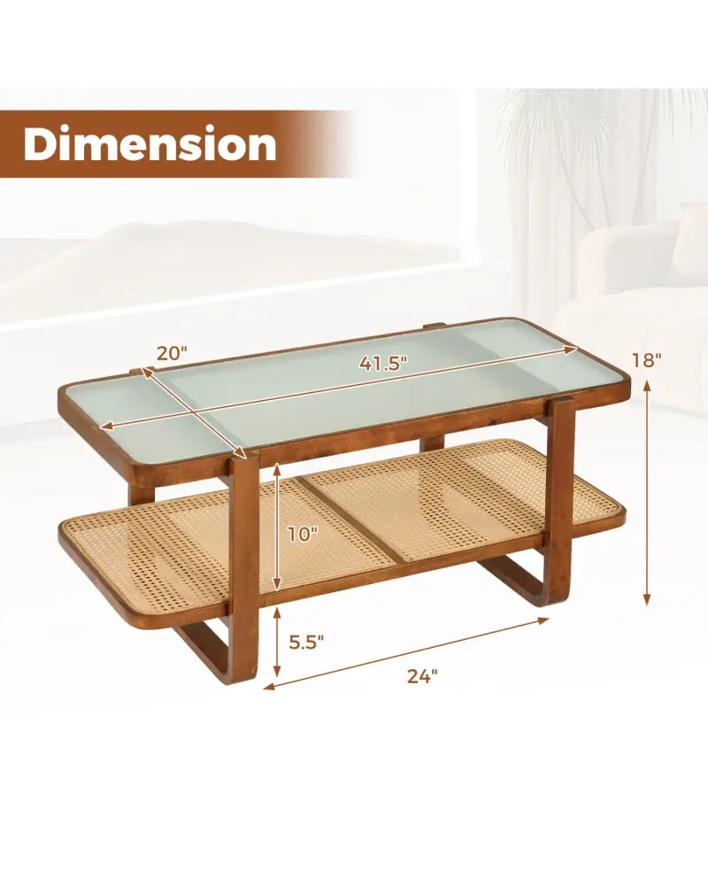 Rattan Coffee Table with Tempered Glass Top and Storage Shelf-Walnut - Walnut - Coffee Tables