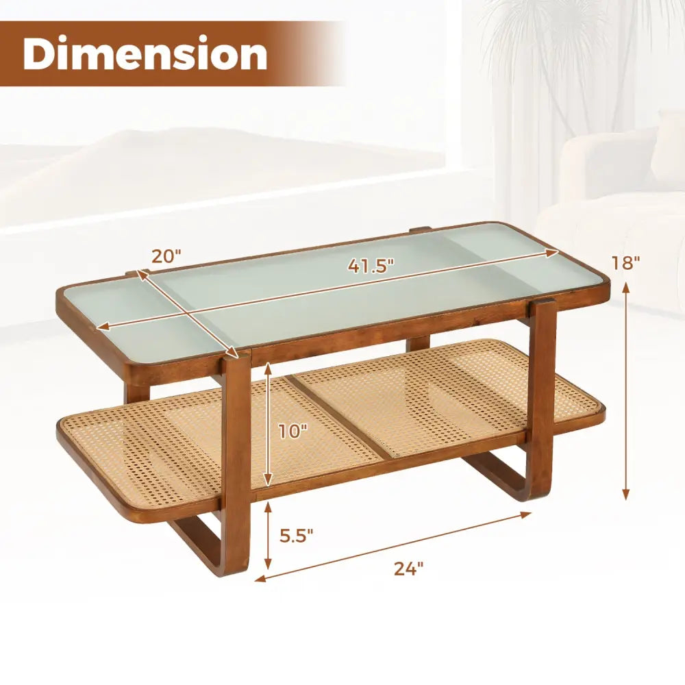 Rattan Coffee Table with Tempered Glass Top and Storage Shelf-Walnut - Walnut - Coffee Tables