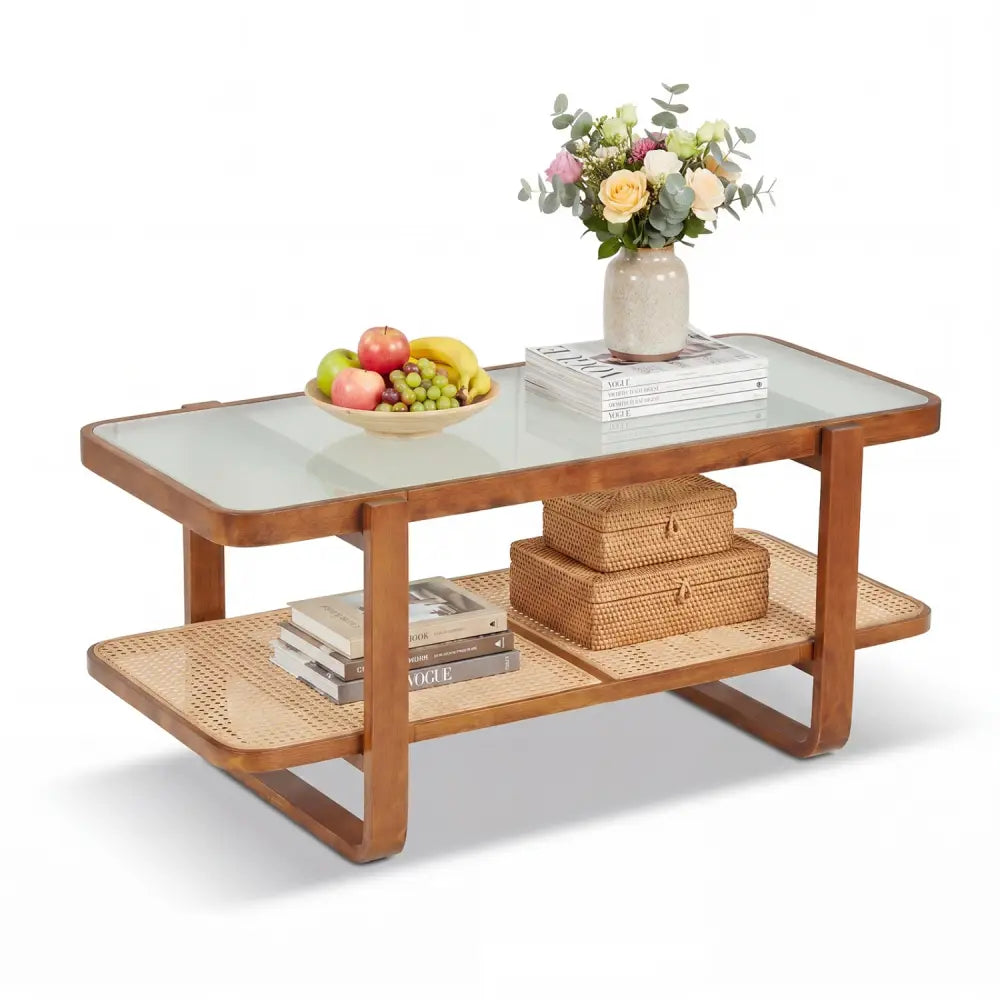Rattan Coffee Table with Tempered Glass Top and Storage Shelf-Walnut - Walnut - Coffee Tables