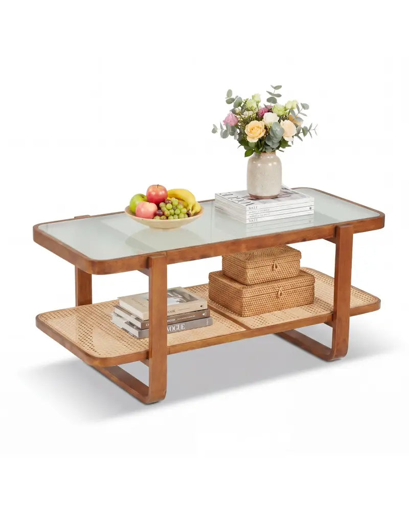 Rattan Coffee Table with Tempered Glass Top and Storage Shelf-Walnut - Walnut - Coffee Tables