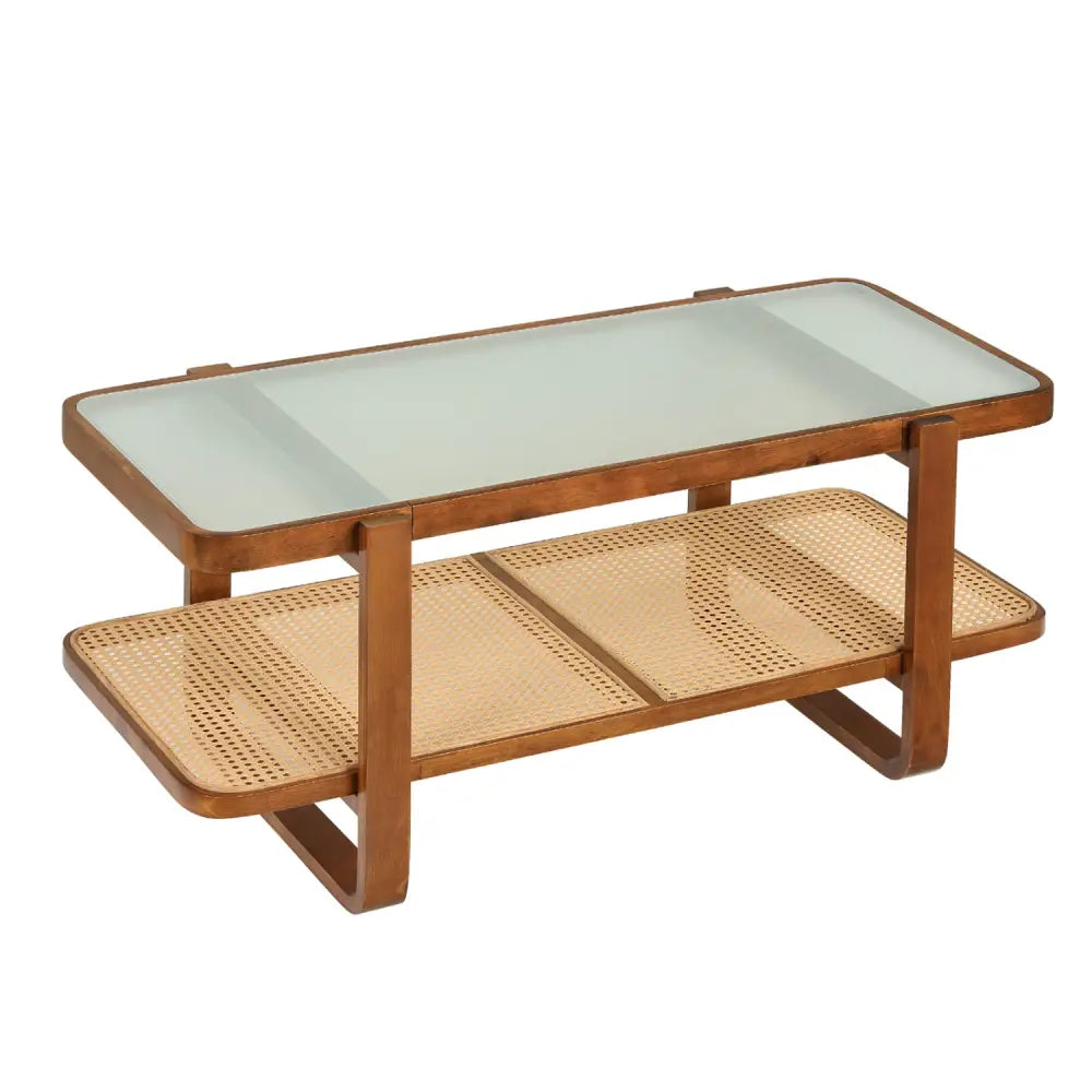 Rattan Coffee Table with Tempered Glass Top and Storage Shelf-Walnut - Walnut - Coffee Tables