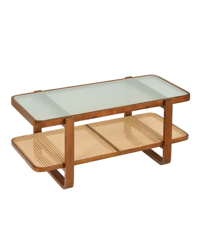 Rattan Coffee Table with Tempered Glass Top and Storage Shelf-Walnut - Walnut - Coffee Tables