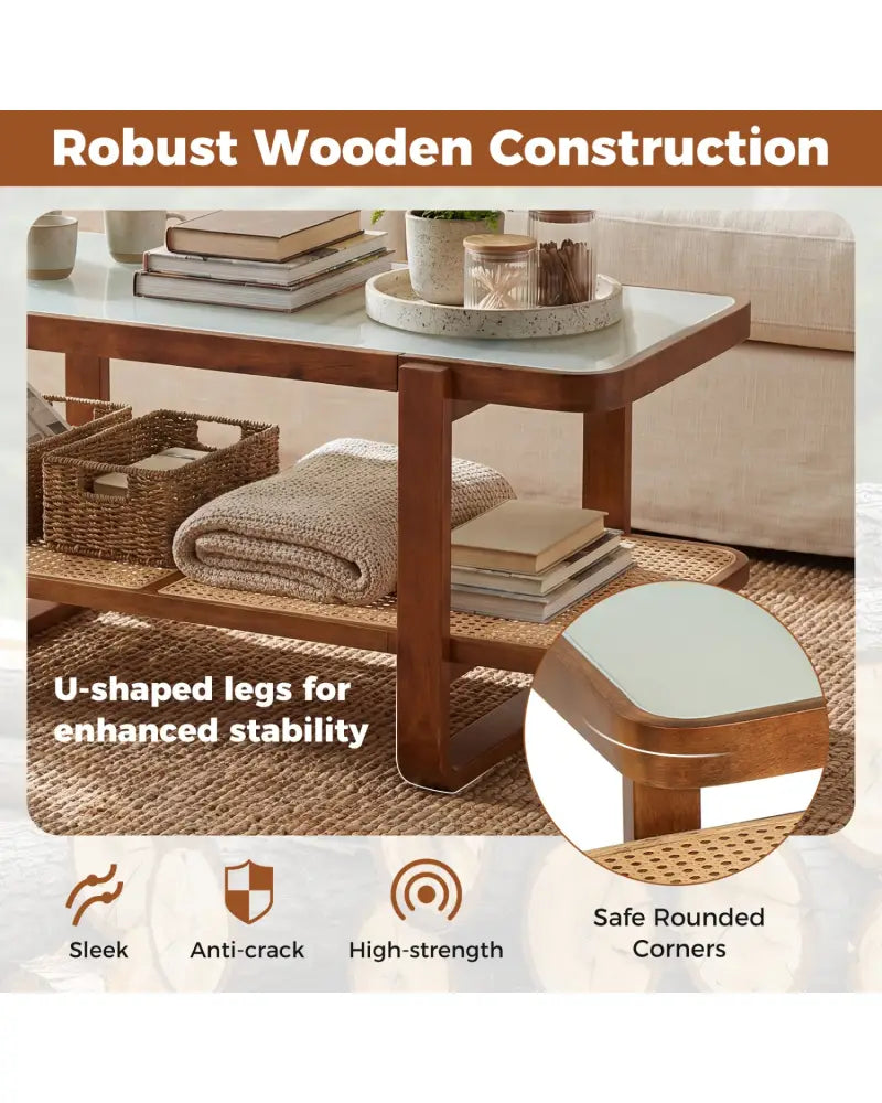 Rattan Coffee Table with Tempered Glass Top and Storage Shelf-Walnut - Walnut - Coffee Tables