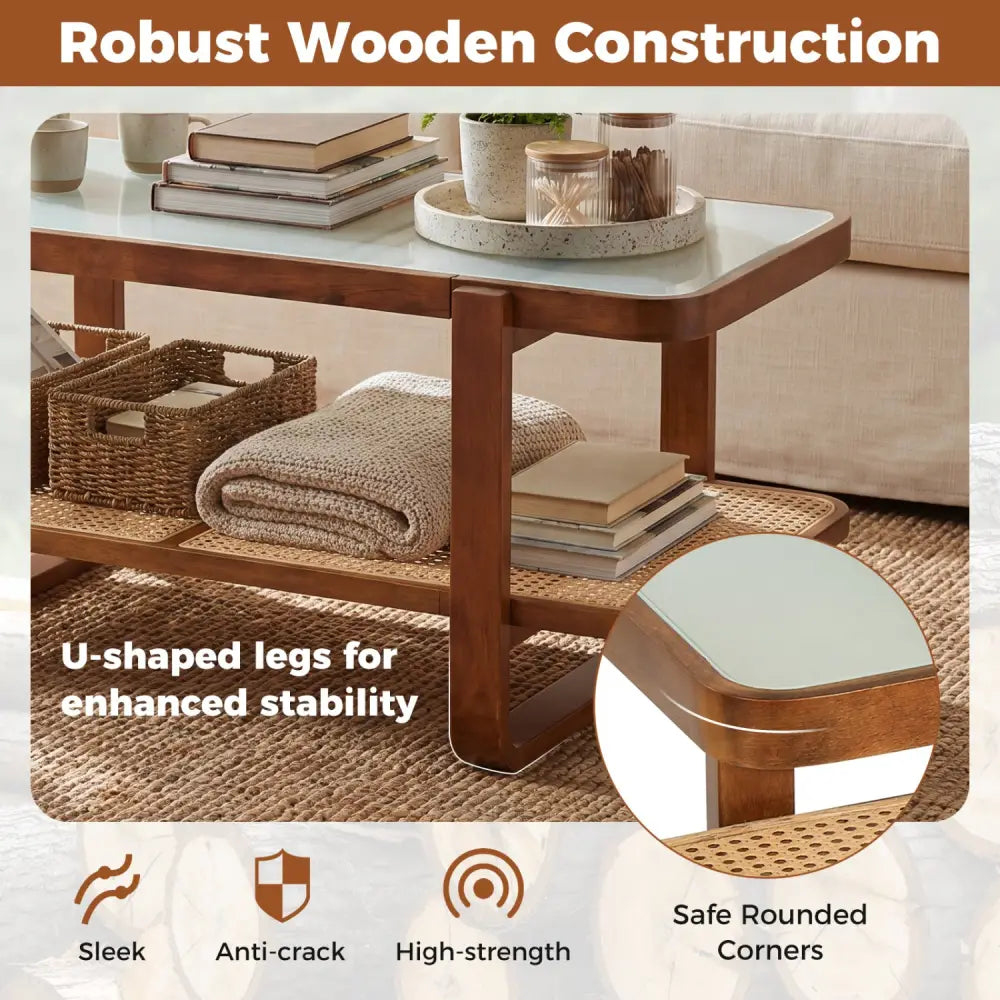 Rattan Coffee Table with Tempered Glass Top and Storage Shelf-Walnut - Walnut - Coffee Tables
