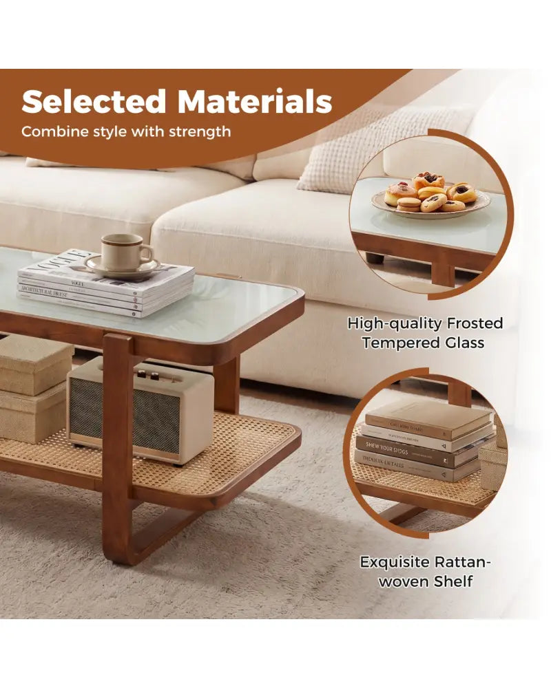 Rattan Coffee Table with Tempered Glass Top and Storage Shelf-Walnut - Walnut - Coffee Tables