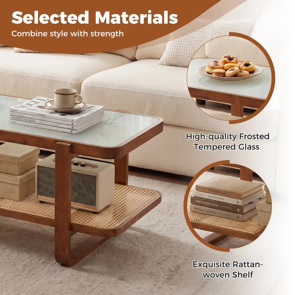 Rattan Coffee Table with Tempered Glass Top and Storage Shelf-Walnut - Walnut - Coffee Tables