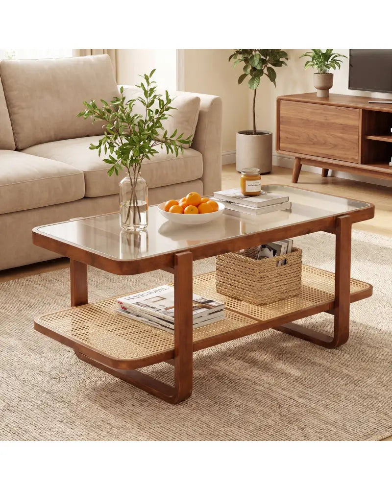 Rattan Coffee Table with Tempered Glass Top and Storage Shelf-Walnut - Walnut - Coffee Tables