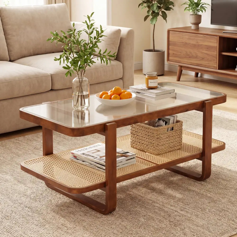 Rattan Coffee Table with Tempered Glass Top and Storage Shelf-Walnut - Walnut - Coffee Tables
