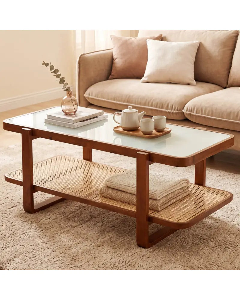 Rattan Coffee Table with Tempered Glass Top and Storage Shelf-Walnut - Walnut - Coffee Tables