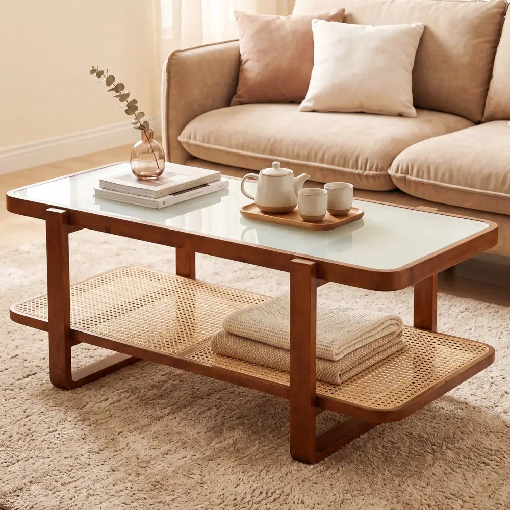Rattan Coffee Table with Tempered Glass Top and Storage Shelf-Walnut - Walnut - Coffee Tables