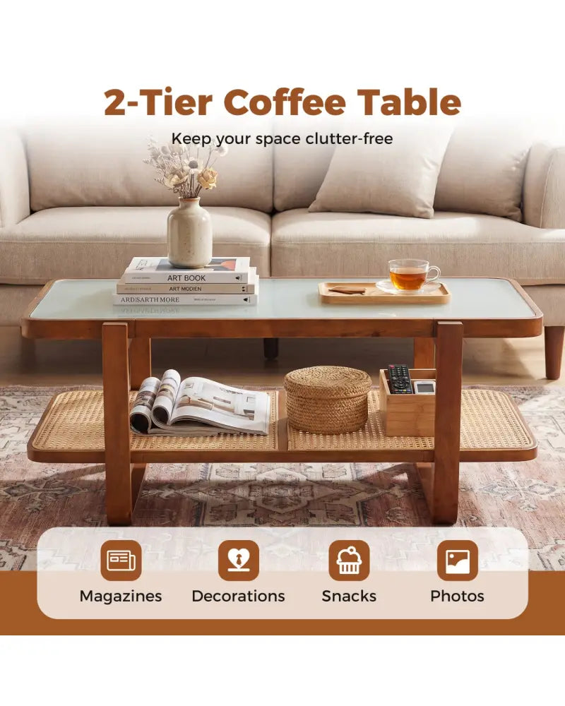 Rattan Coffee Table with Tempered Glass Top and Storage Shelf-Walnut - Walnut - Coffee Tables