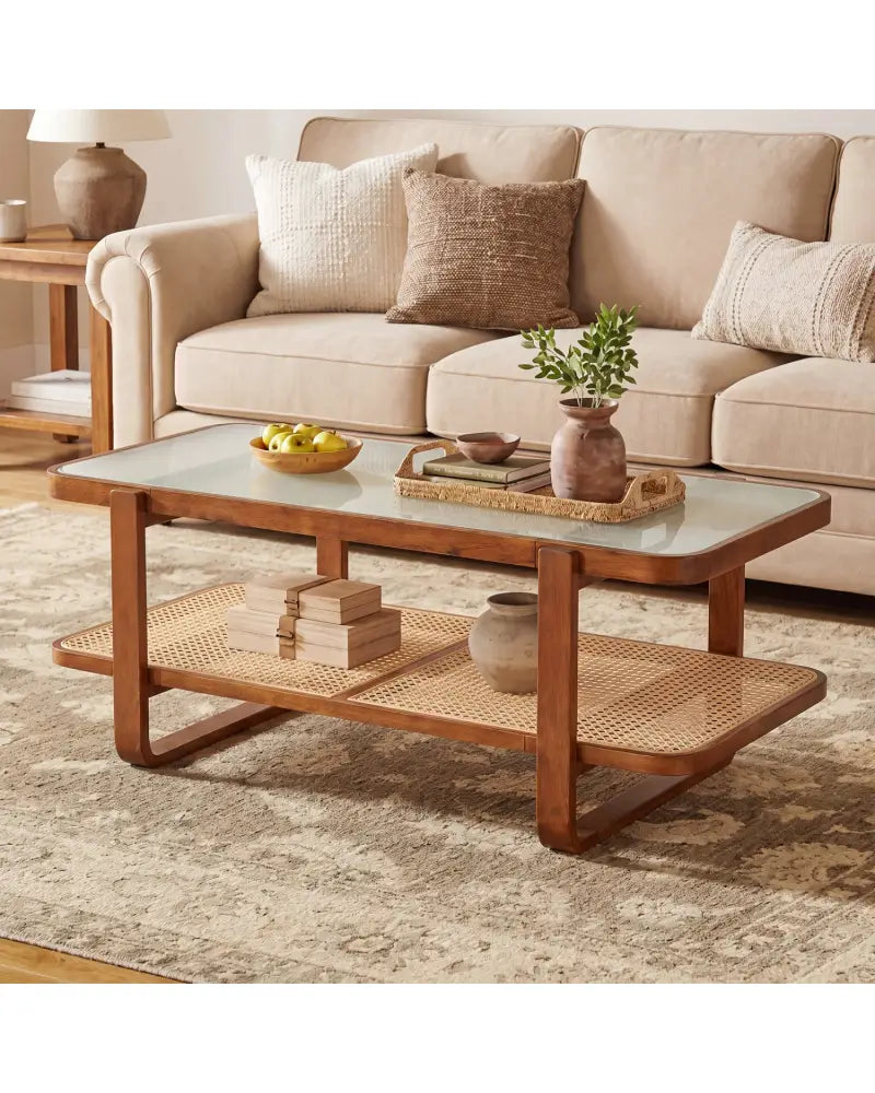 Rattan Coffee Table with Tempered Glass Top and Storage Shelf-Walnut - Walnut - Coffee Tables