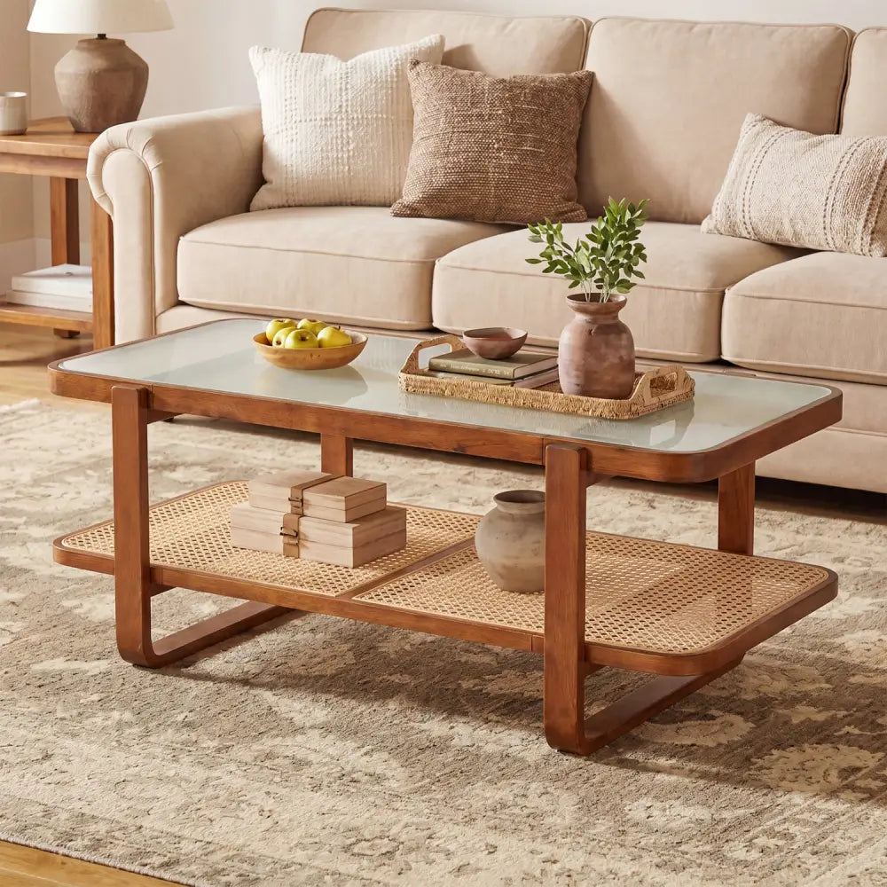 Rattan Coffee Table with Tempered Glass Top and Storage Shelf-Walnut - Walnut - Coffee Tables