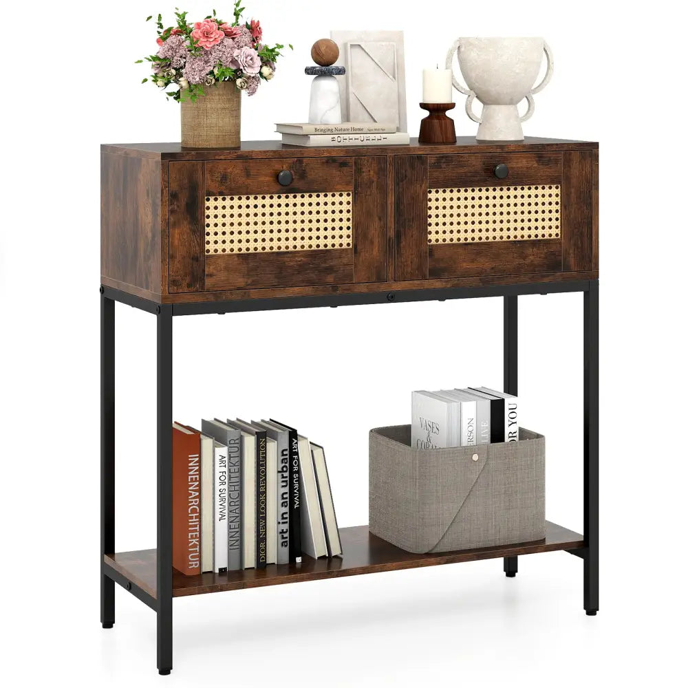 Rattan Console Table Boho Entryway Table with 2 Rattan Drawers and Open Storage Shelf-Rustic Brown - Rustic Brown