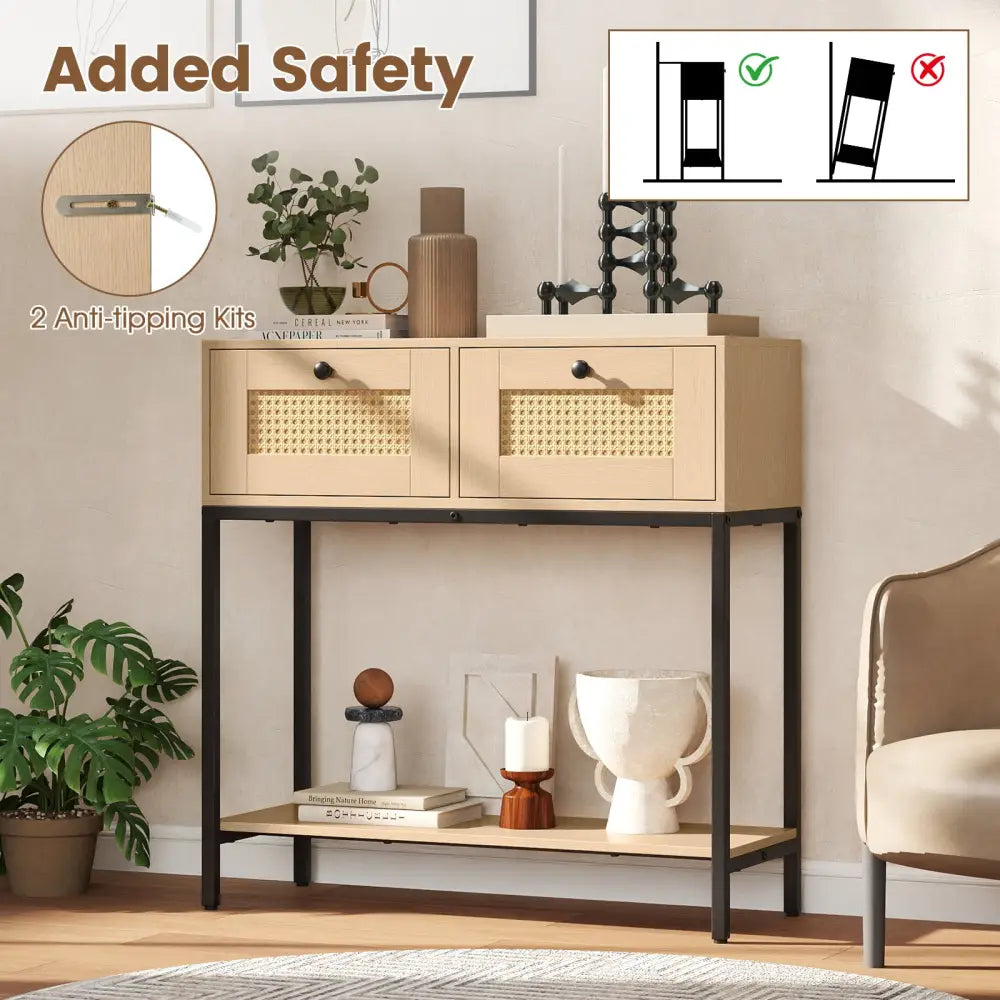 Rattan Console Table Boho Entryway Table with 2 Rattan Drawers and Open Storage Shelf-Oak - Oak - Console Tables
