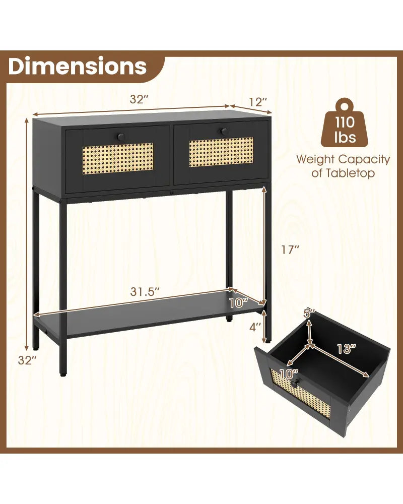 Rattan Console Table Boho Entryway Table with 2 Rattan Drawers and Open Storage Shelf-Black - Black - Console Tables