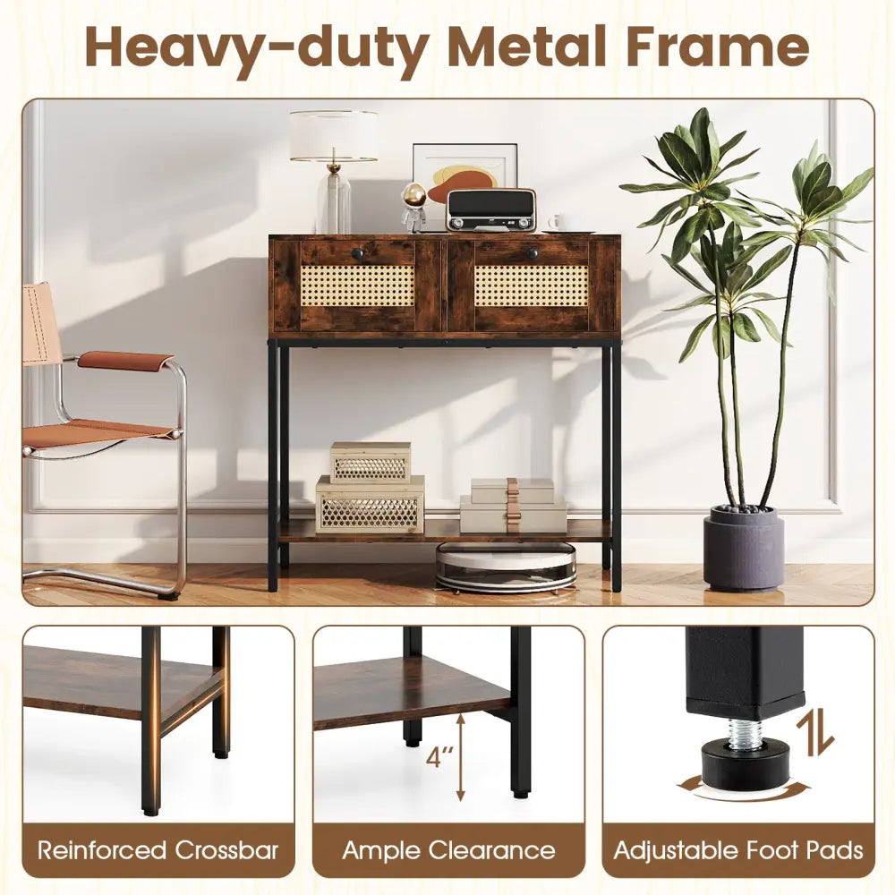 Rattan Console Table Boho Entryway Table with 2 Rattan Drawers and Open Storage Shelf-Rustic Brown - Rustic Brown