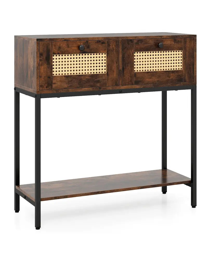 Rattan Console Table Boho Entryway Table with 2 Rattan Drawers and Open Storage Shelf-Rustic Brown - Rustic Brown
