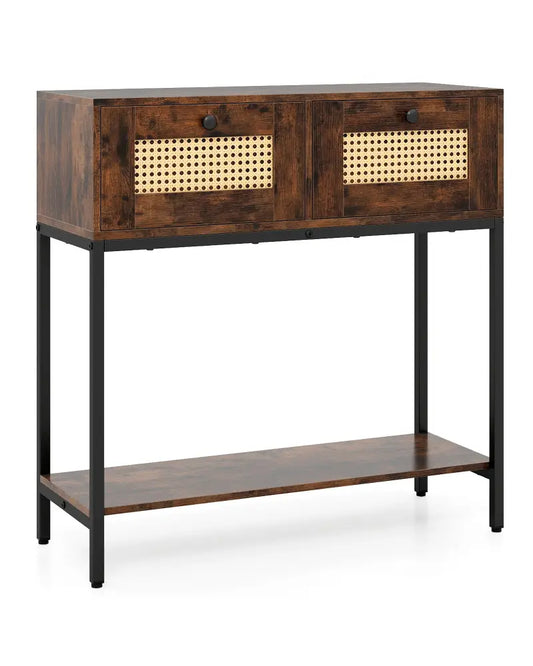 Rattan Console Table Boho Entryway Table with 2 Rattan Drawers and Open Storage Shelf-Rustic Brown - Rustic Brown