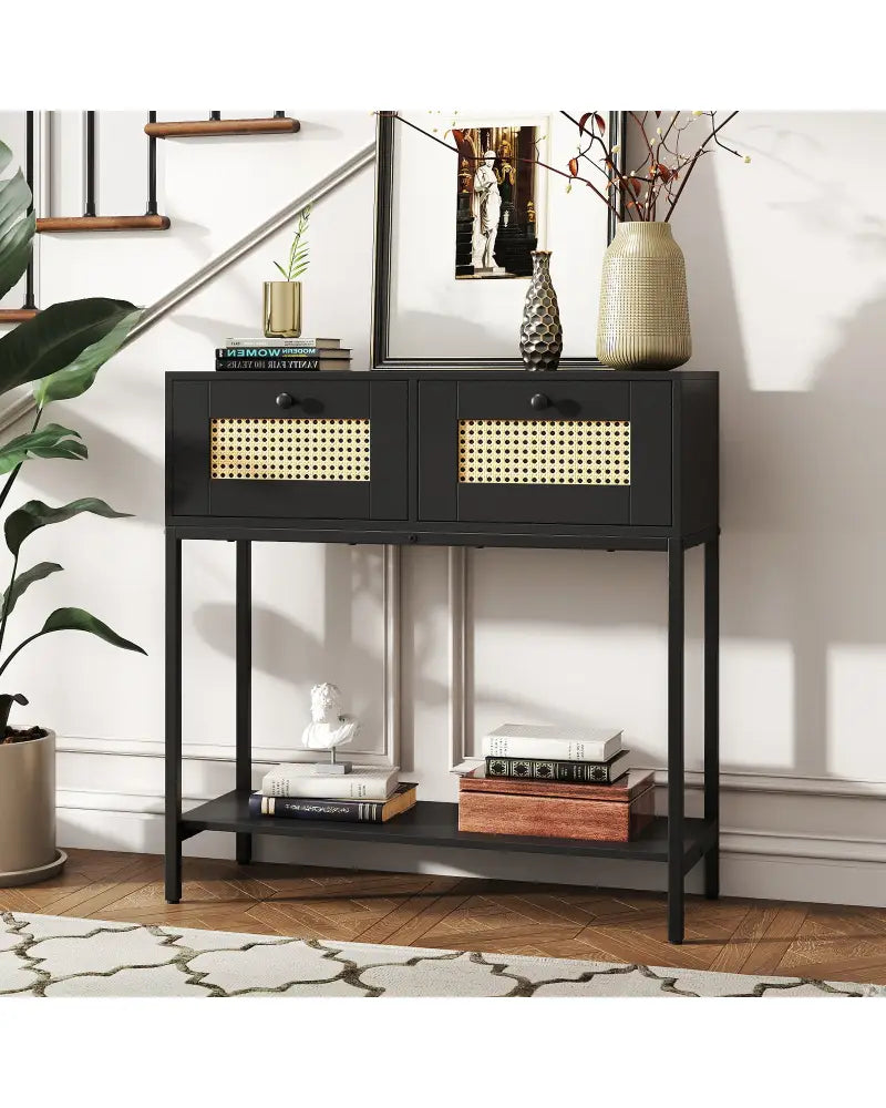 Rattan Console Table Boho Entryway Table with 2 Rattan Drawers and Open Storage Shelf-Black - Black - Console Tables