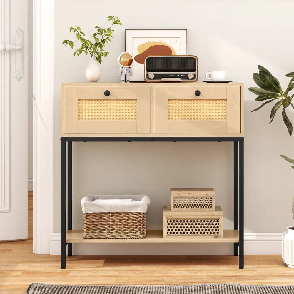Rattan Console Table Boho Entryway Table with 2 Rattan Drawers and Open Storage Shelf-Oak - Oak - Console Tables