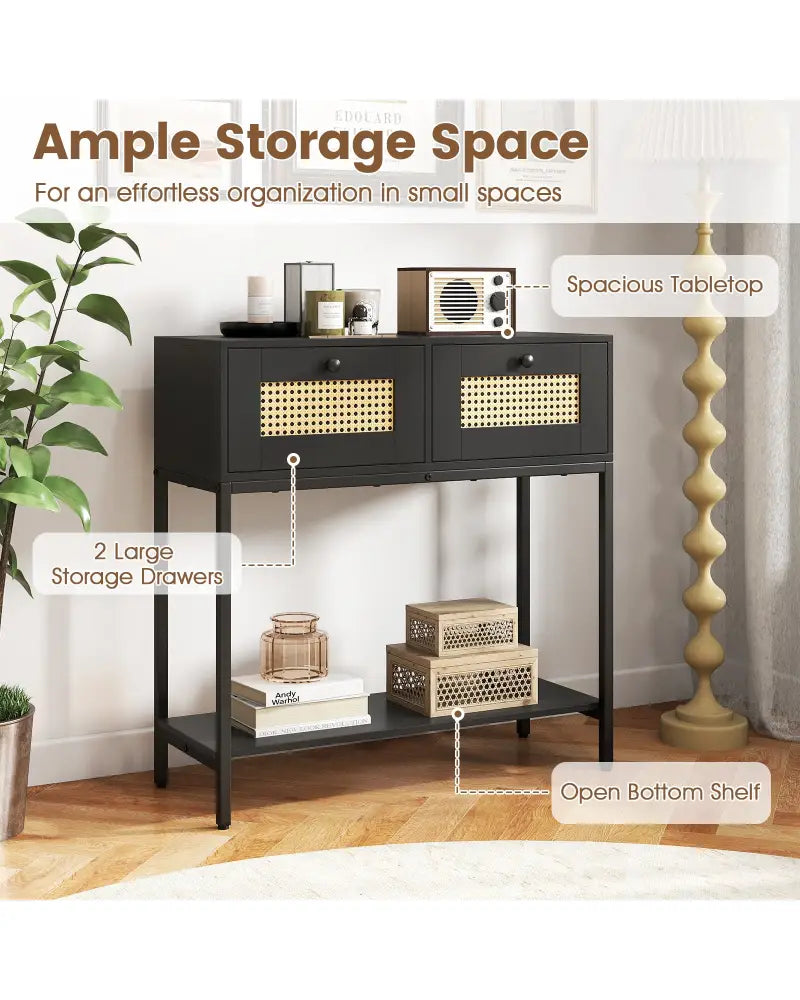 Rattan Console Table Boho Entryway Table with 2 Rattan Drawers and Open Storage Shelf-Black - Black - Console Tables