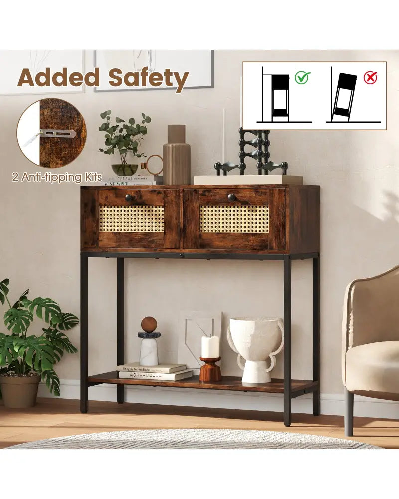 Rattan Console Table Boho Entryway Table with 2 Rattan Drawers and Open Storage Shelf-Rustic Brown - Rustic Brown