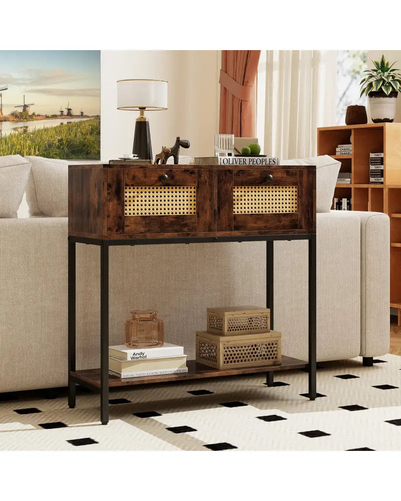 Rattan Console Table Boho Entryway Table with 2 Rattan Drawers and Open Storage Shelf-Rustic Brown - Rustic Brown