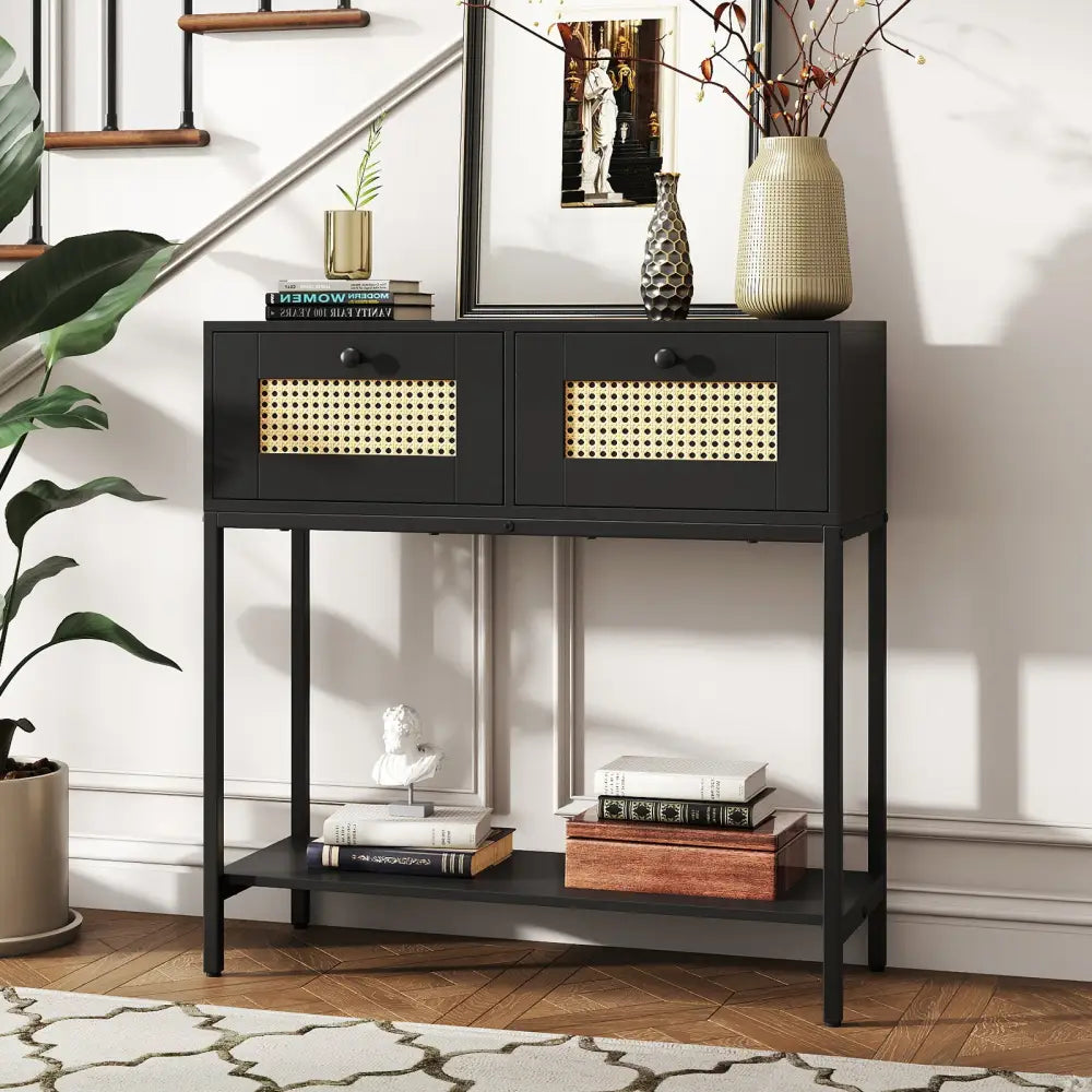 Rattan Console Table Boho Entryway Table with 2 Rattan Drawers and Open Storage Shelf-Black - Black - Console Tables