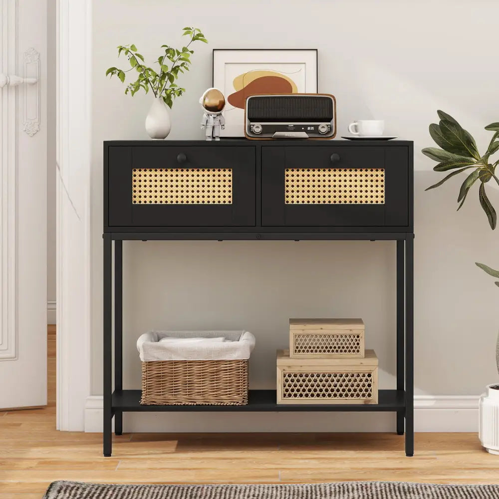 Rattan Console Table Boho Entryway Table with 2 Rattan Drawers and Open Storage Shelf-Black - Black - Console Tables