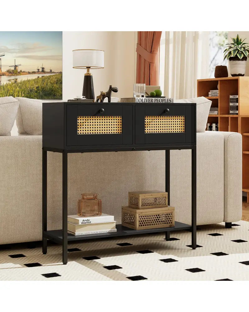 Rattan Console Table Boho Entryway Table with 2 Rattan Drawers and Open Storage Shelf-Black - Black - Console Tables