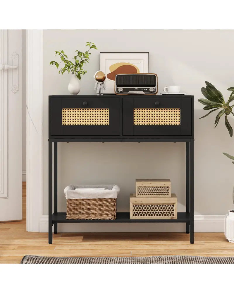 Rattan Console Table Boho Entryway Table with 2 Rattan Drawers and Open Storage Shelf-Black - Black - Console Tables